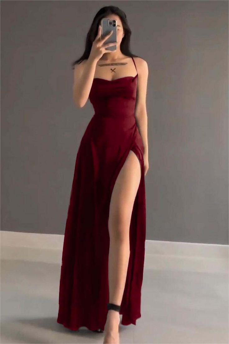 Elegant A Line Spaghetti Straps Red Satin Long Length Prom Dresses Birthday Outfits