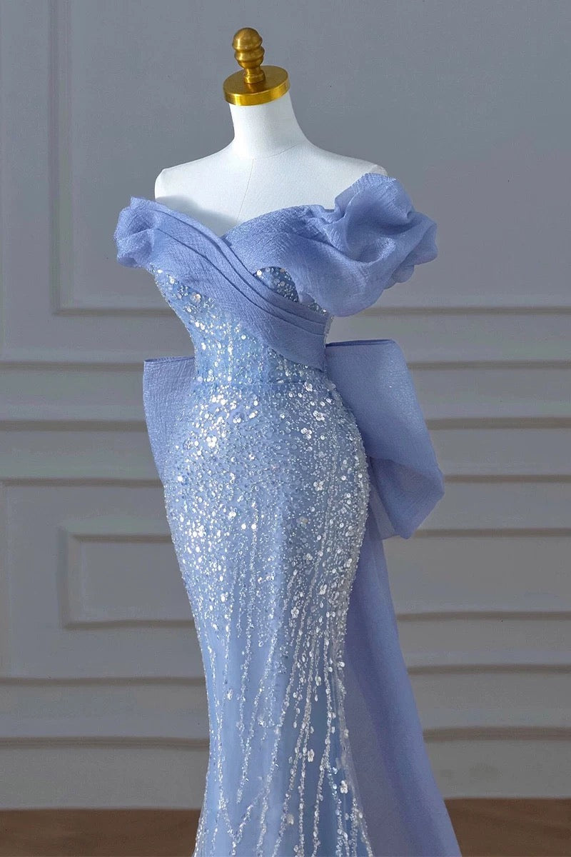 Elegant Mermaid Off The Shoulder Blue Short Sleeves Sequin Evening Dress Long Prom Dresses - View 3 | VelvetHem