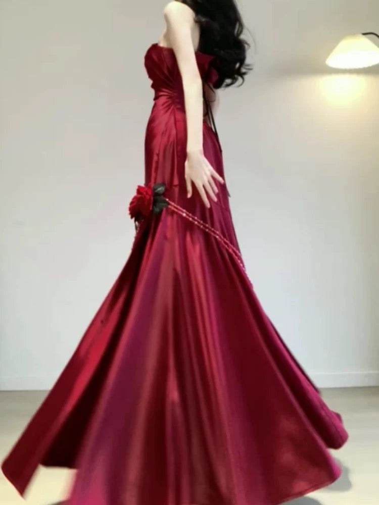Vintage Mermaid One Shoulder Burgundy Satin Long Floor Length Prom Dresses