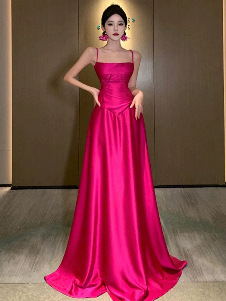 Gorgeous A line Spaghetti Straps Hot Pink Long Evening Dress Prom Dresses Birthday Outfits - View 3 | VelvetHem