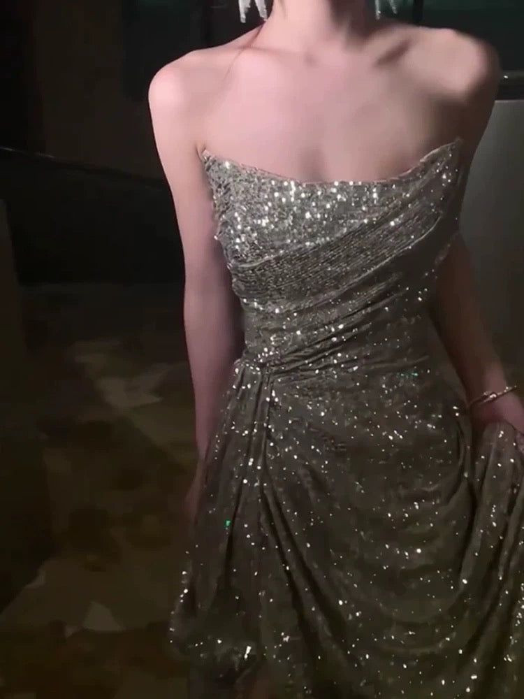 Sexy Sheath Strapless Champagne Sequin Evening Dress Prom Dresses Birthday Outfits