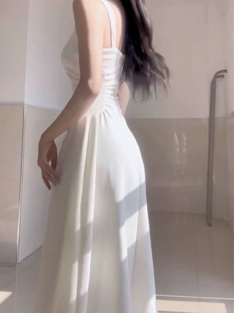 Simple A line Square Satin White Sleeveless Prom Dresses Birthday Party Dress - View 5 | VelvetHem