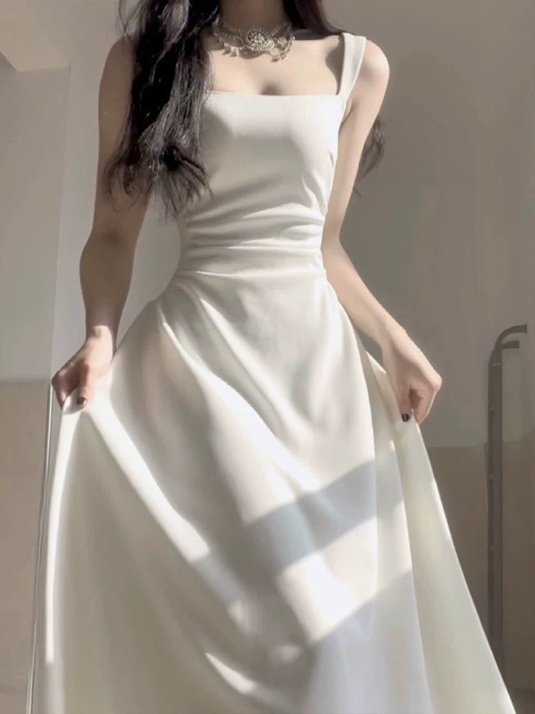 Simple A line Square Satin White Sleeveless Prom Dresses Birthday Party Dress - View 2 | VelvetHem