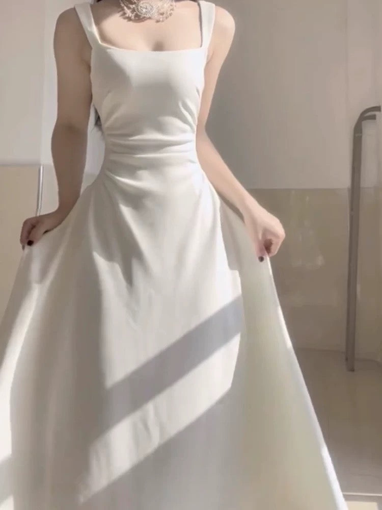 Simple A line Square Satin White Sleeveless Prom Dresses Birthday Party Dress - View 3 | VelvetHem