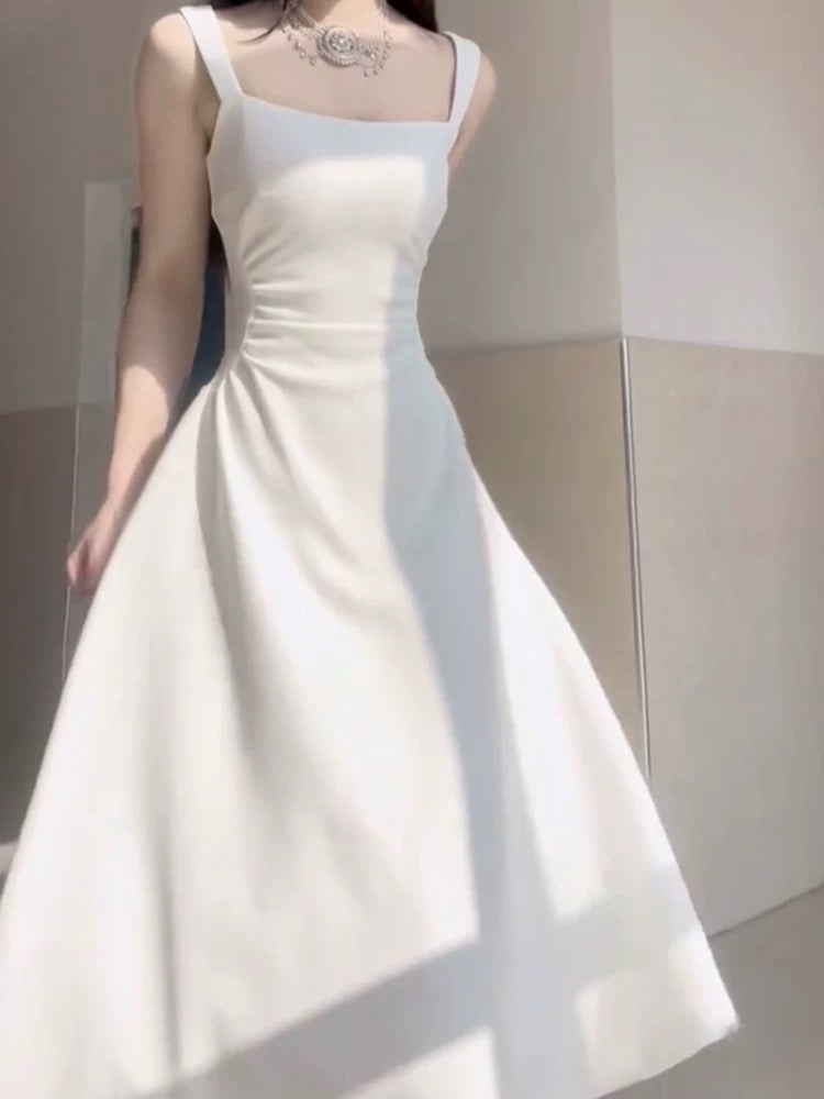 Simple A line Square Satin White Sleeveless Prom Dresses Birthday Party Dress - View 4 | VelvetHem