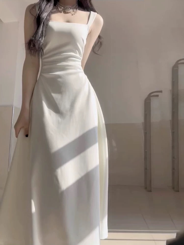Simple A line Square Satin White Sleeveless Prom Dresses Birthday Party Dress