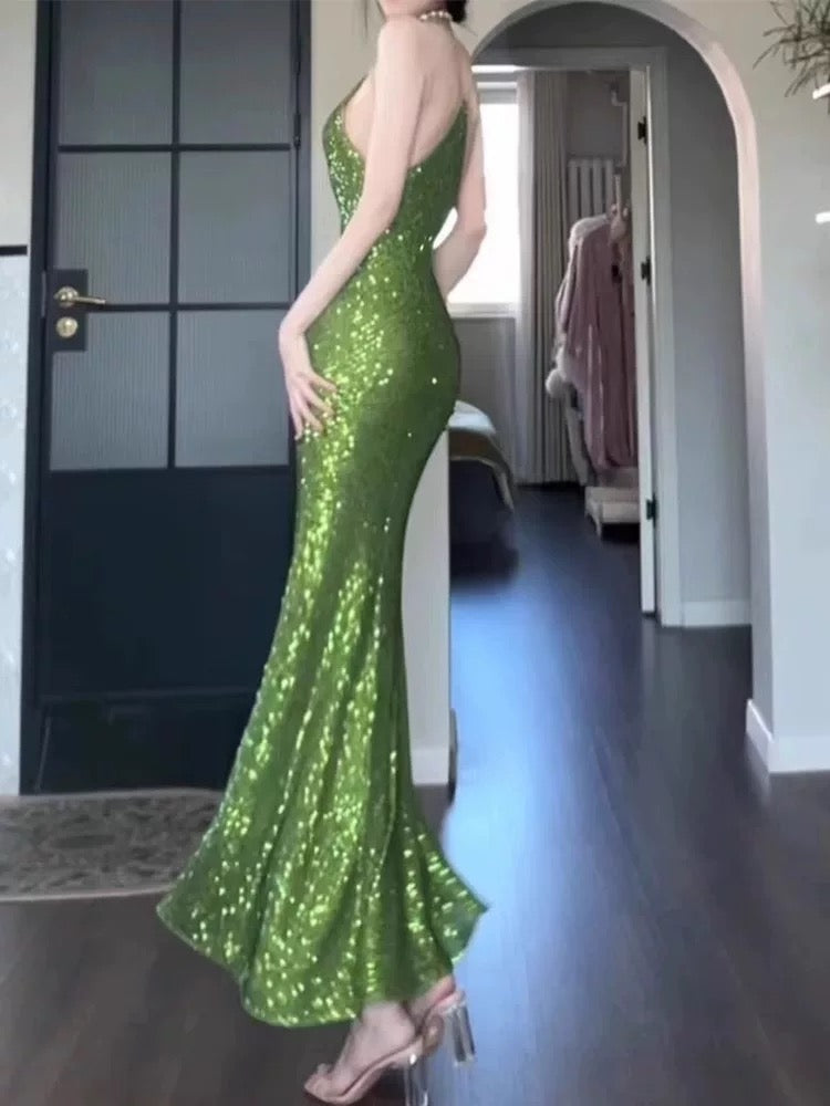 Vintage Sheath Spaghetti Straps Green Sequin Long Evening Dress Prom Dresses