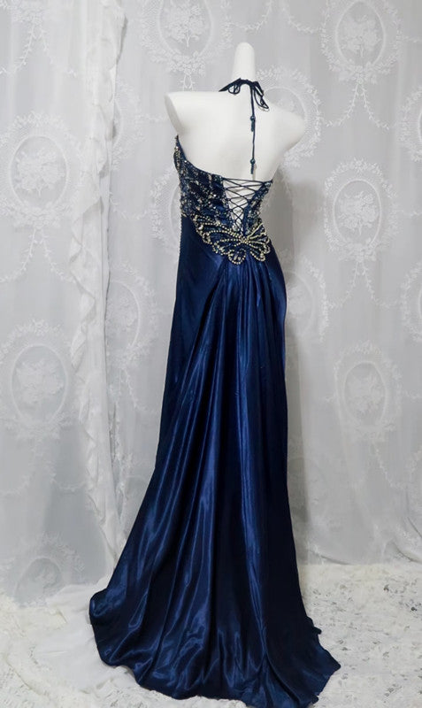 Pretty A Line Halter Sleeveless Slit Beads Long Prom Dress Evening Dresses