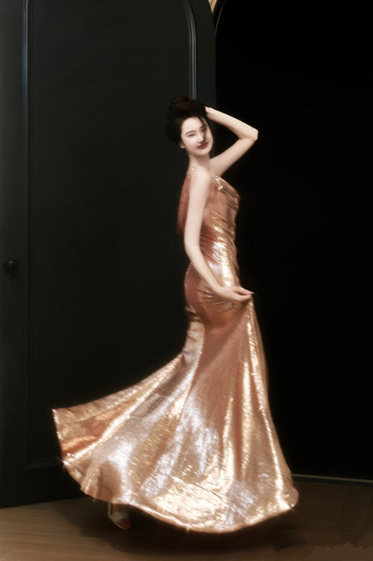 Sexy Sheath Straps Sequin Gold Prom Dresses Party Evening Dress With Ruffles