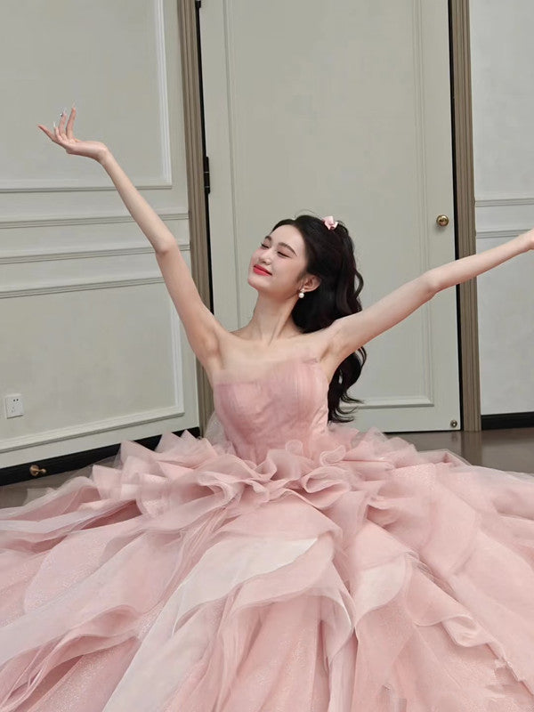 Vintage Ball Gown Strapless Pink Long Prom Dresses Tulle Layers Evening Dress - View 3 | VelvetHem