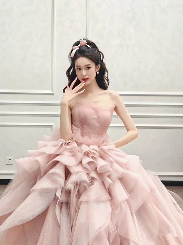 Vintage Ball Gown Strapless Pink Long Prom Dresses Tulle Layers Evening Dress - View 4 | VelvetHem