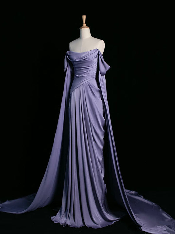 Pretty A Line Off The Shoulder Grape Satin Long Prom Dresses Party Evening Dress