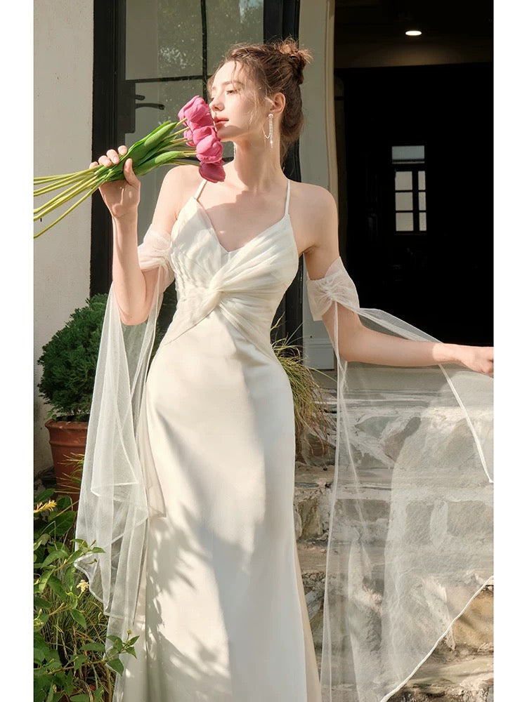 Pretty Mermaid Spaghetti Straps White Long Prom Dresses Party Evening Dress - View 3 | VelvetHem