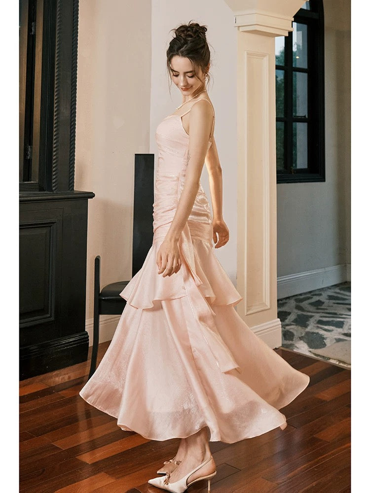 Pretty Mermaid Spaghetti Straps Pink Long Prom Dresses Party Evening Dress