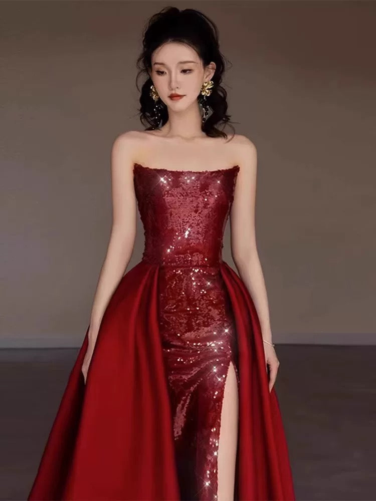 Sexy Mermaid Red Sleeveless Long Sequin Slit Prom Dress Evening Dresses - View 2 | VelvetHem