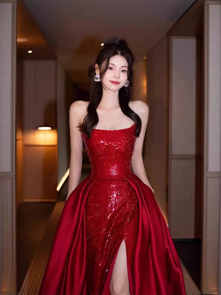 Sexy Mermaid Red Sleeveless Long Sequin Slit Prom Dress Evening Dresses - View 5 | VelvetHem