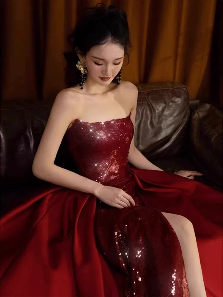 Sexy Mermaid Red Sleeveless Long Sequin Slit Prom Dress Evening Dresses - View 3 | VelvetHem