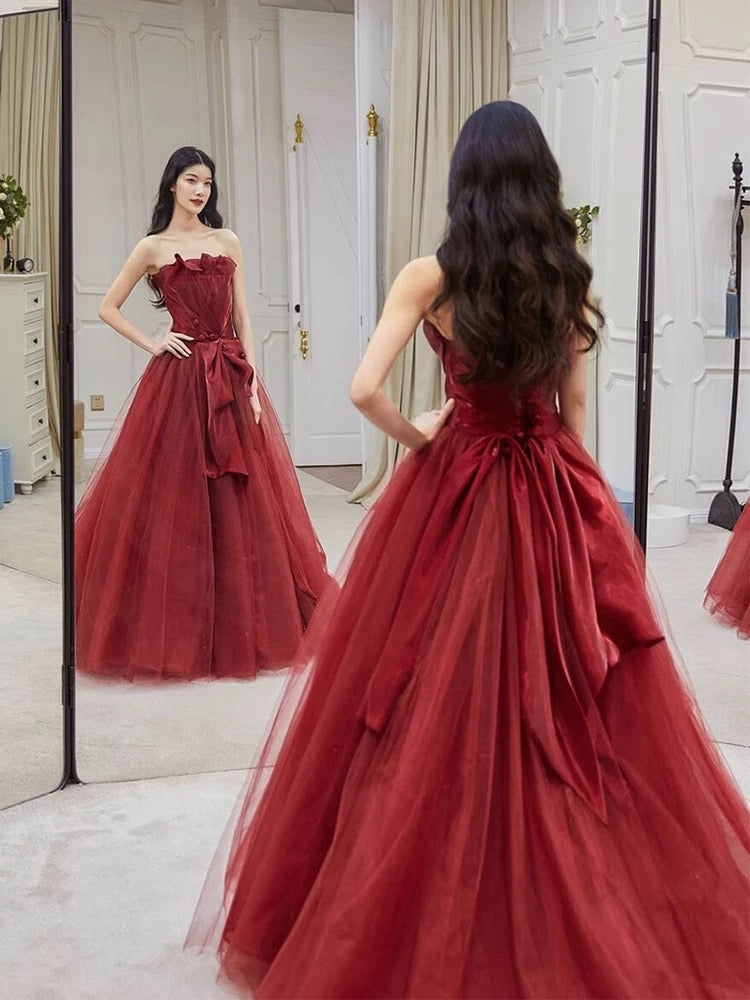Sexy Ball Gown Strapless Burgundy Tulle Long Evening Gowns Prom Dresses - View 2 | VelvetHem
