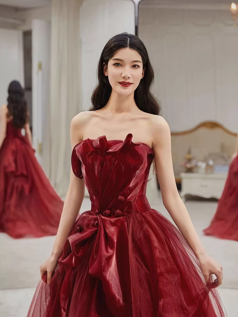 Sexy Ball Gown Strapless Burgundy Tulle Long Evening Gowns Prom Dresses - View 3 | VelvetHem