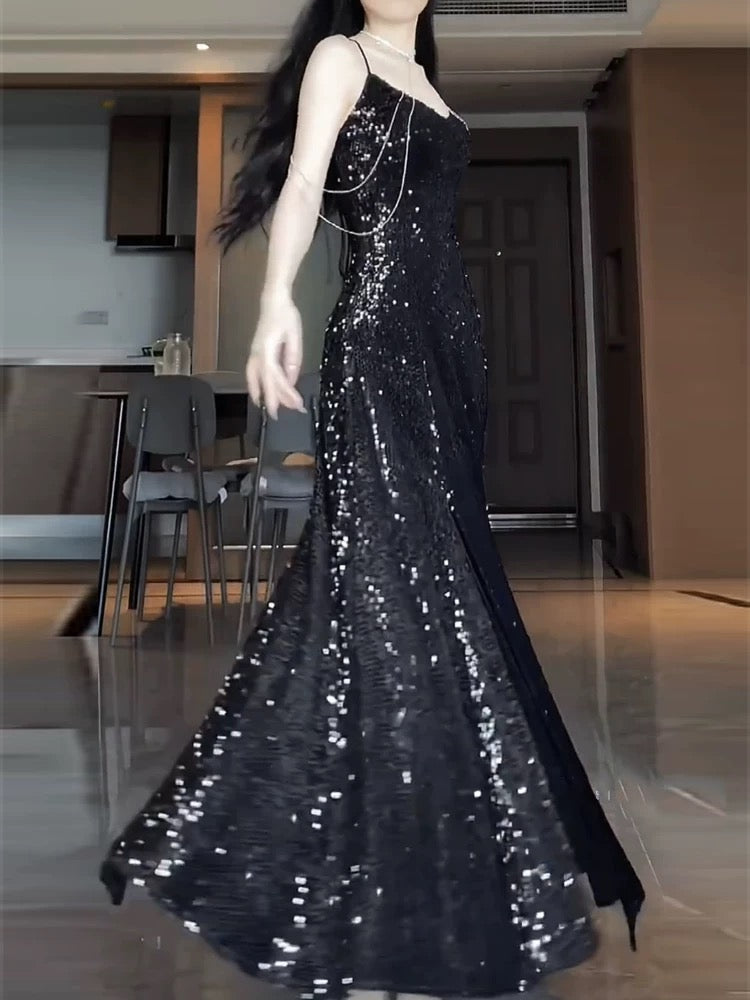 Pretty Sheath Spaghetti Straps Sequin Black Slit Long Prom Dresses Party Evening Dress