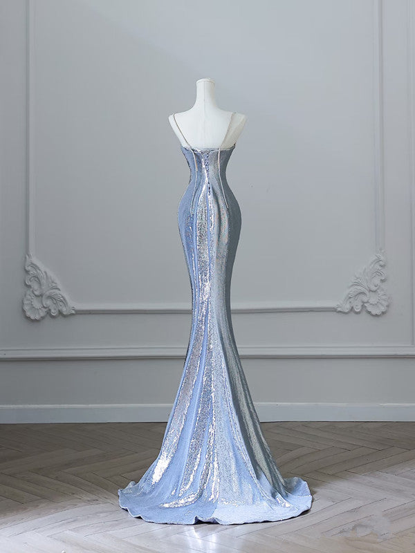 Sexy Mermaid Spaghetti Straps Silver Sequin Long Prom Dresses