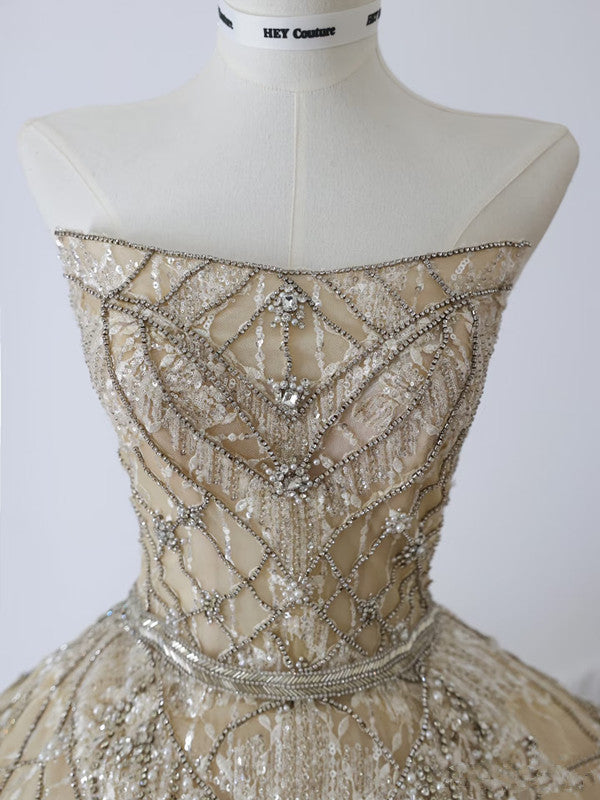 Unique Ball Gown Strapless Tulle Champagne Long Wedding Dresses Brides Dress - View 4 | VelvetHem