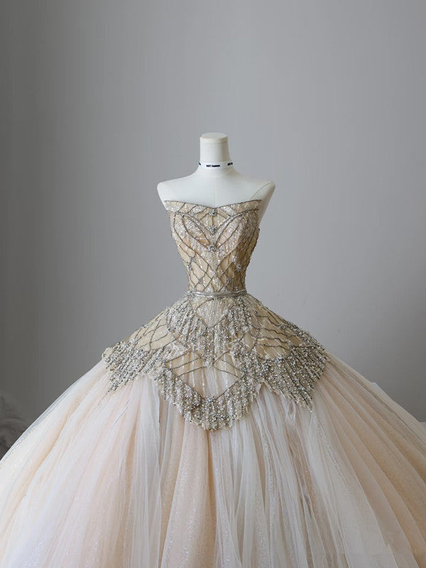 Unique Ball Gown Strapless Tulle Champagne Long Wedding Dresses Brides Dress - View 3 | VelvetHem