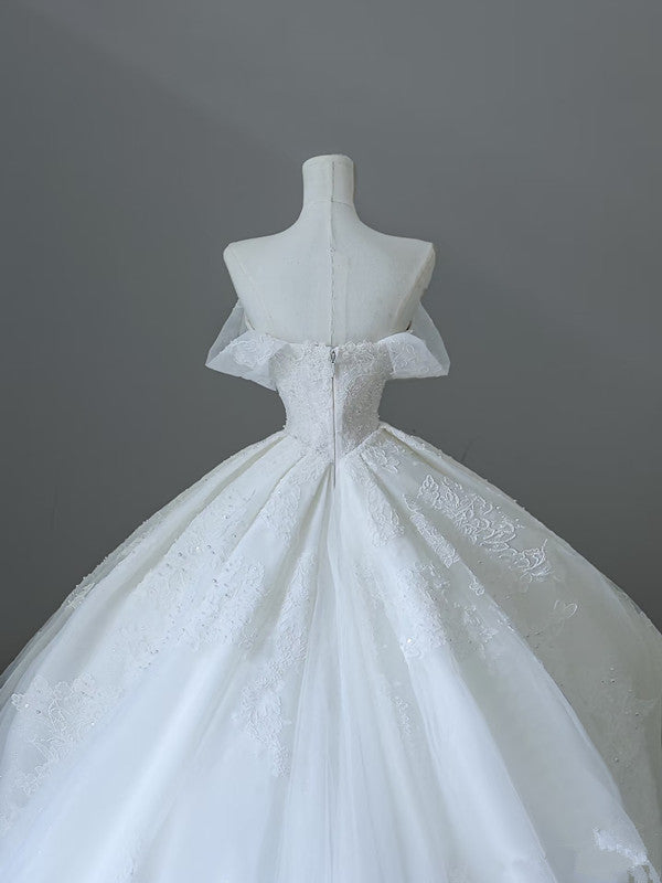Unique Ball Gown Strapless Tulle White Long Off The Shoulder Wedding Dresses Brides Dress