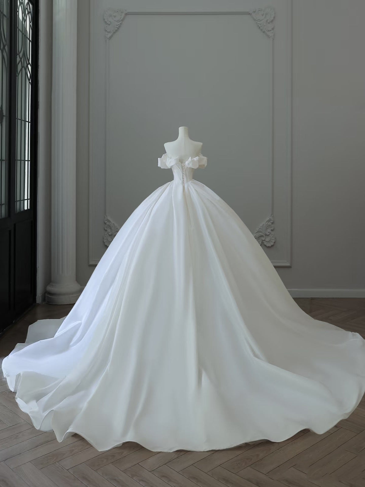 Unique Ball Gown Off The Shoulder Satin White Long Wedding Dresses Brides Dress - View 3 | VelvetHem
