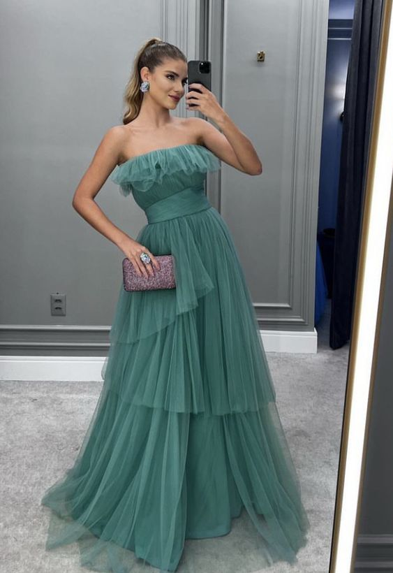 Elegant A-line Tulle Prom Dress,Strapless Evening Dress - VelvetHem