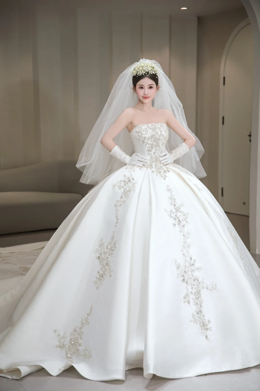 Timeless Ball Gown Strapless Satin Beaded With Gloves and Veil Long Wedding Dresses