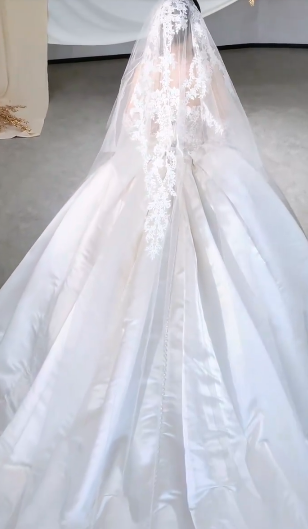 Timeless Ball Gown Starpless Satin Tulle Applique With Veil Long Wedding Dresses - View 2 | VelvetHem