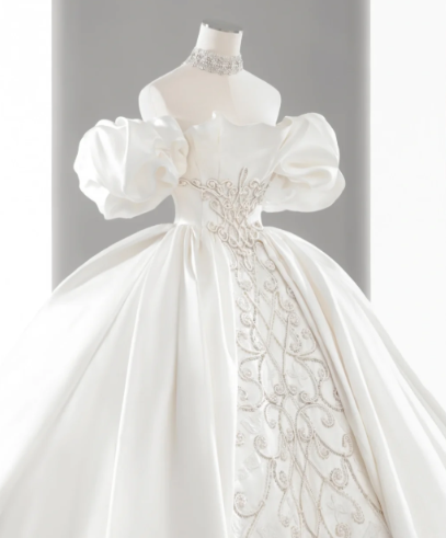 Elegant Ball Gown Off The Shoulder Satin Long Wedding Dresses - View 2 | VelvetHem