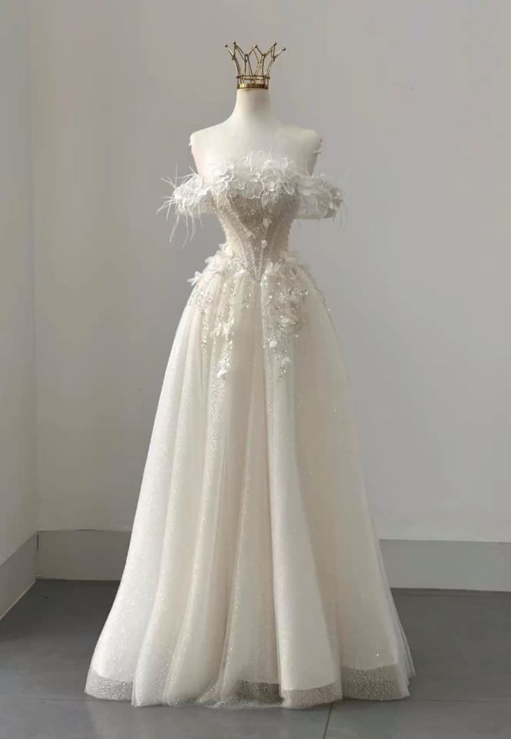 Unique A Line Off The Shoulder Tulle Sequin Applique Feather Long Wedding Dresses - VelvetHem