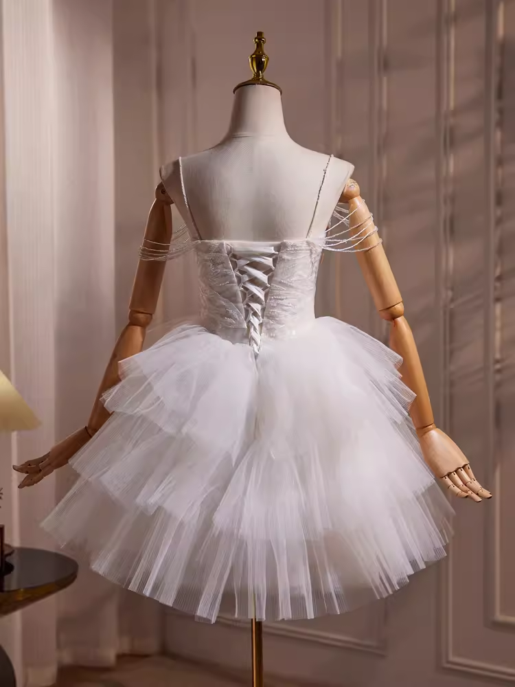 Elegant Ball Gown Spaghetti Straps Tulle Party Dress White Homecoming Dresses - View 4 | VelvetHem
