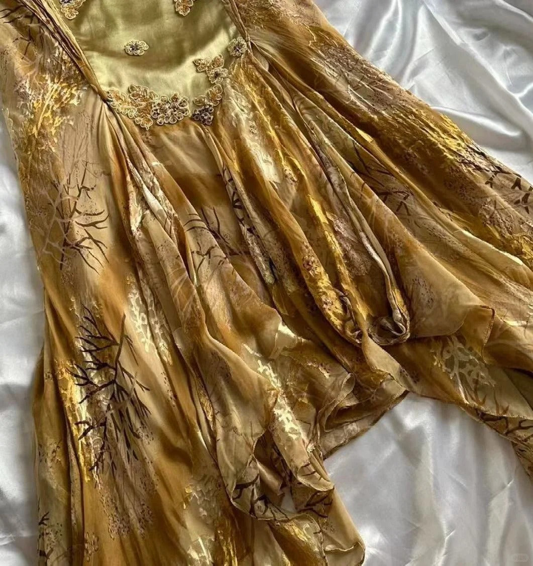 Gold Charming A Line Spaghetti Straps Satin Chiffon Printed Applique Long Prom Dresses Formal Dress