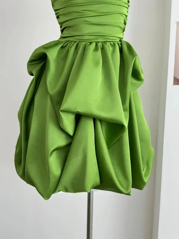 Chic A Line Strapless Green Satin Pleated Short Homecoming Dress 18th Birthday Outfits
