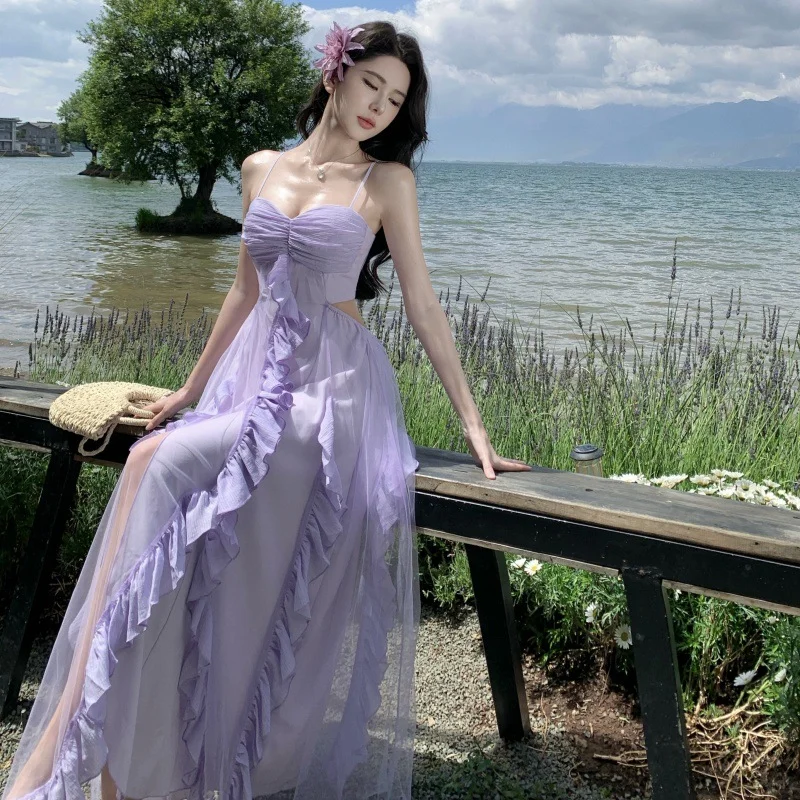 Lilac A Line Spaghetti Straps Satin Tulle Ruffles Long Prom Dresses Formal Dress