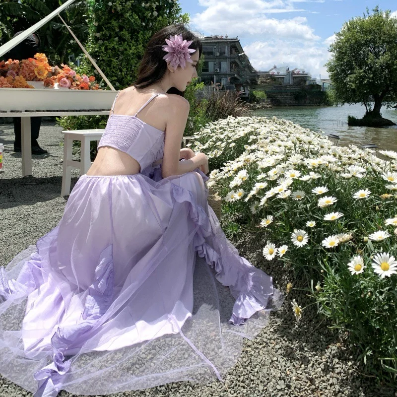 Lilac A Line Spaghetti Straps Satin Tulle Ruffles Long Prom Dresses Formal Dress - View 2 | VelvetHem