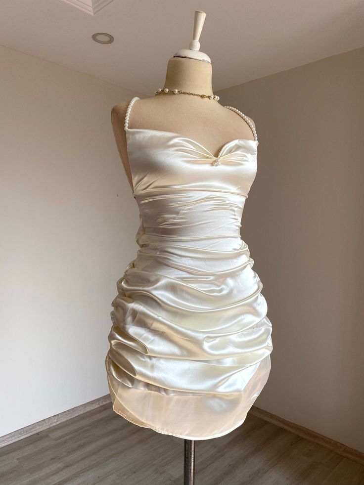 Mermaid Spaghetti Straps Satin Beads Pleated Short Homecoming Dress 19th Birthday Outfits - View 2 | VelvetHem