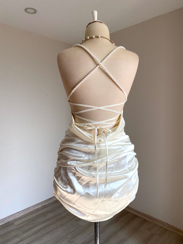 Mermaid Spaghetti Straps Satin Beads Pleated Short Homecoming Dress 19th Birthday Outfits - View 4 | VelvetHem
