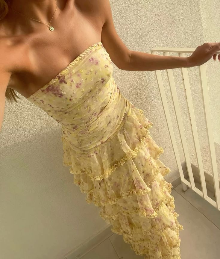 Stunning A Line Strapless Chiffon Printed Tiered Long Prom Dresses Formal Dress