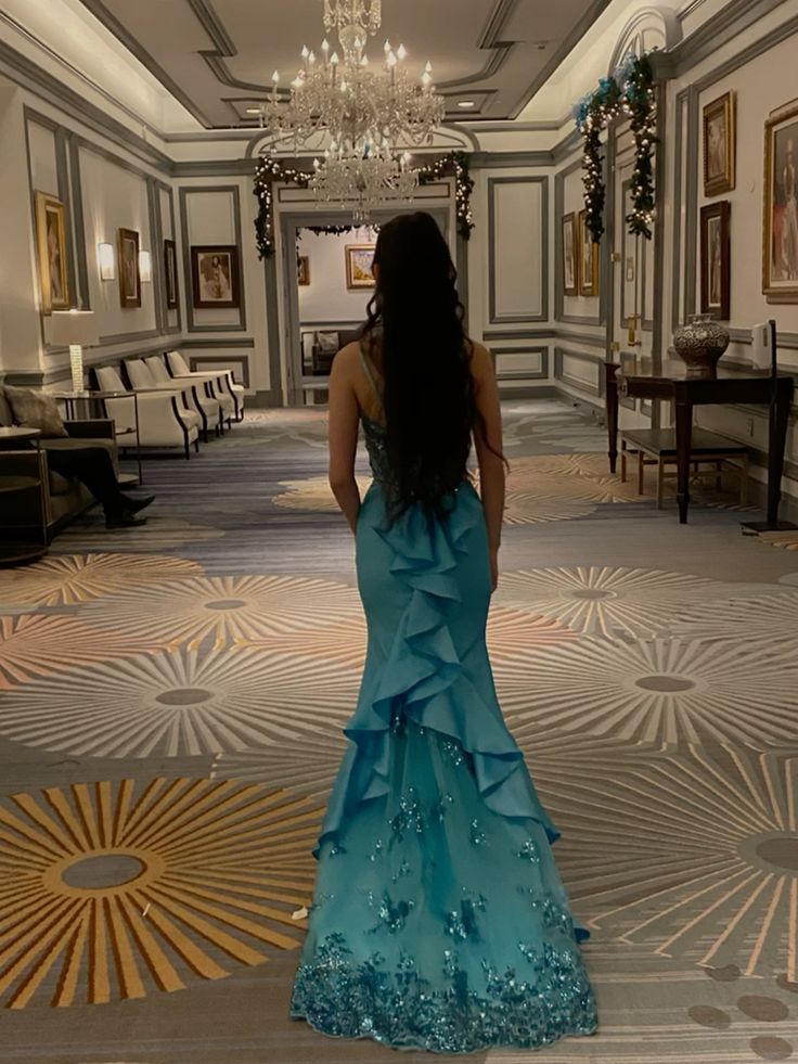 Unique Mermaid Sapghetti Straps Blue Satin Tulle Sequin Long Prom Dresses Formal Dress