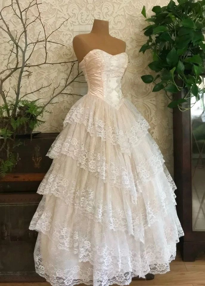 Classy Ball Gown Strapless Satin Lace Tiered Long Prom Dresses Formal Dress - View 2 | VelvetHem
