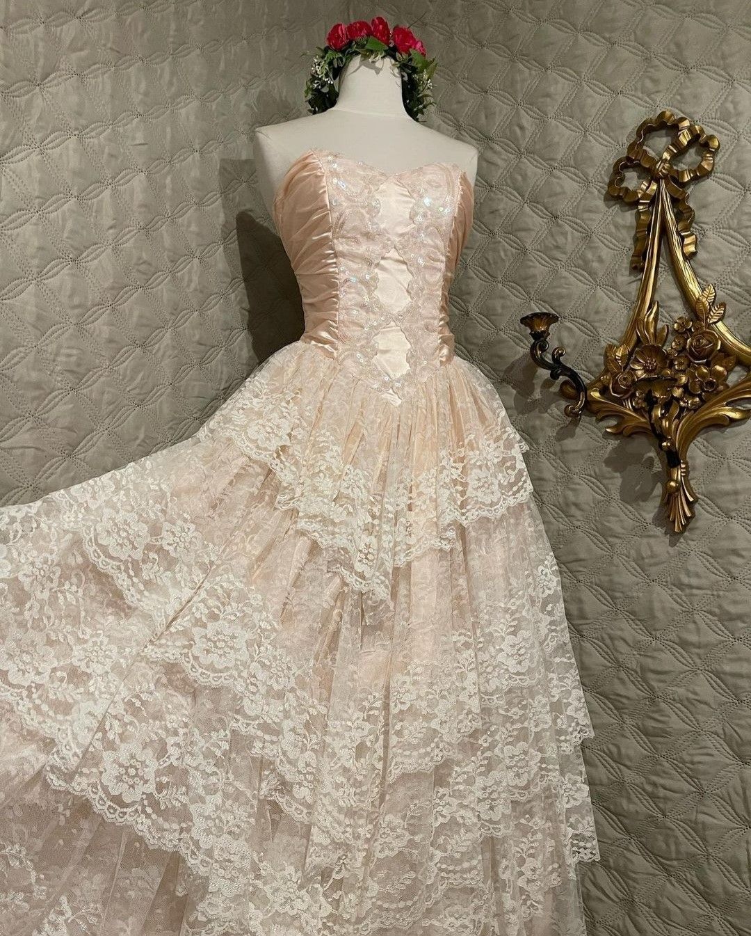 Classy Ball Gown Strapless Satin Lace Tiered Long Prom Dresses Formal Dress - View 5 | VelvetHem