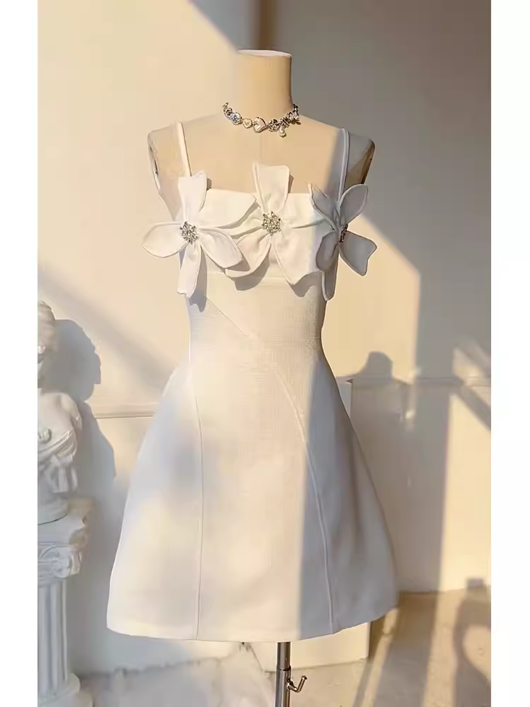 Simple A line Spaghetti Straps White Birthday Dress Homecoming Dresses - View 2 | VelvetHem