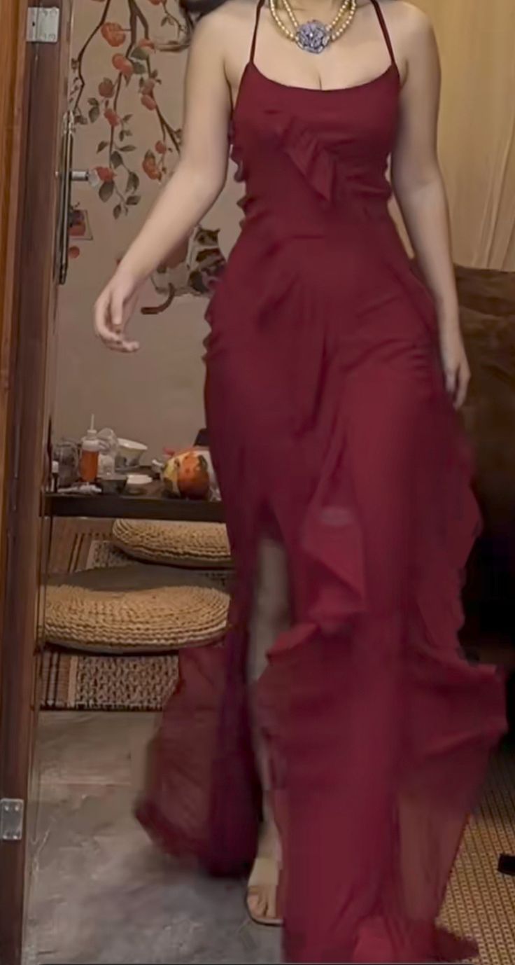 Pretty Mermaid Halter Burgundy Satin Chiffon Ruffles Backless Long Prom Dresses Formal Dress - View 2 | VelvetHem