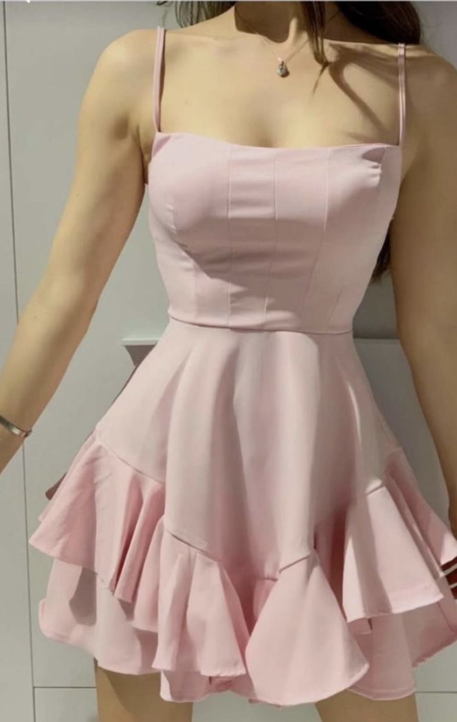 Classy A Line Spaghetti Straps Pink Satin With Ruffle Hem Short Homecoming Dress 18th Birthday Outfits - VelvetHem