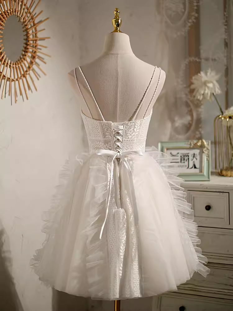 Cute Ball Gown Straps White Birthday Outfits Tulle Lace Homecoming Dresses - View 3 | VelvetHem