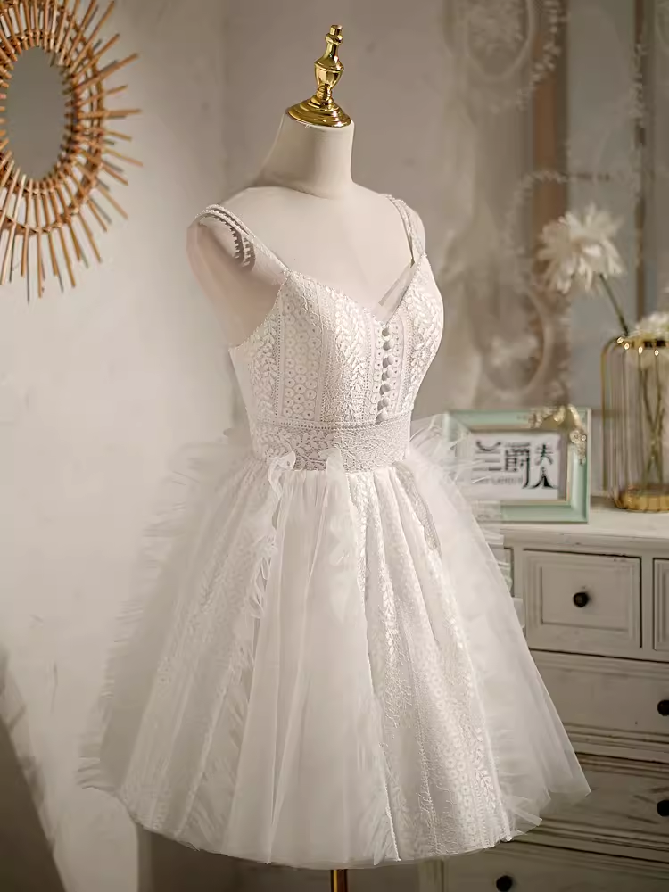 Cute Ball Gown Straps White Birthday Outfits Tulle Lace Homecoming Dresses - View 4 | VelvetHem